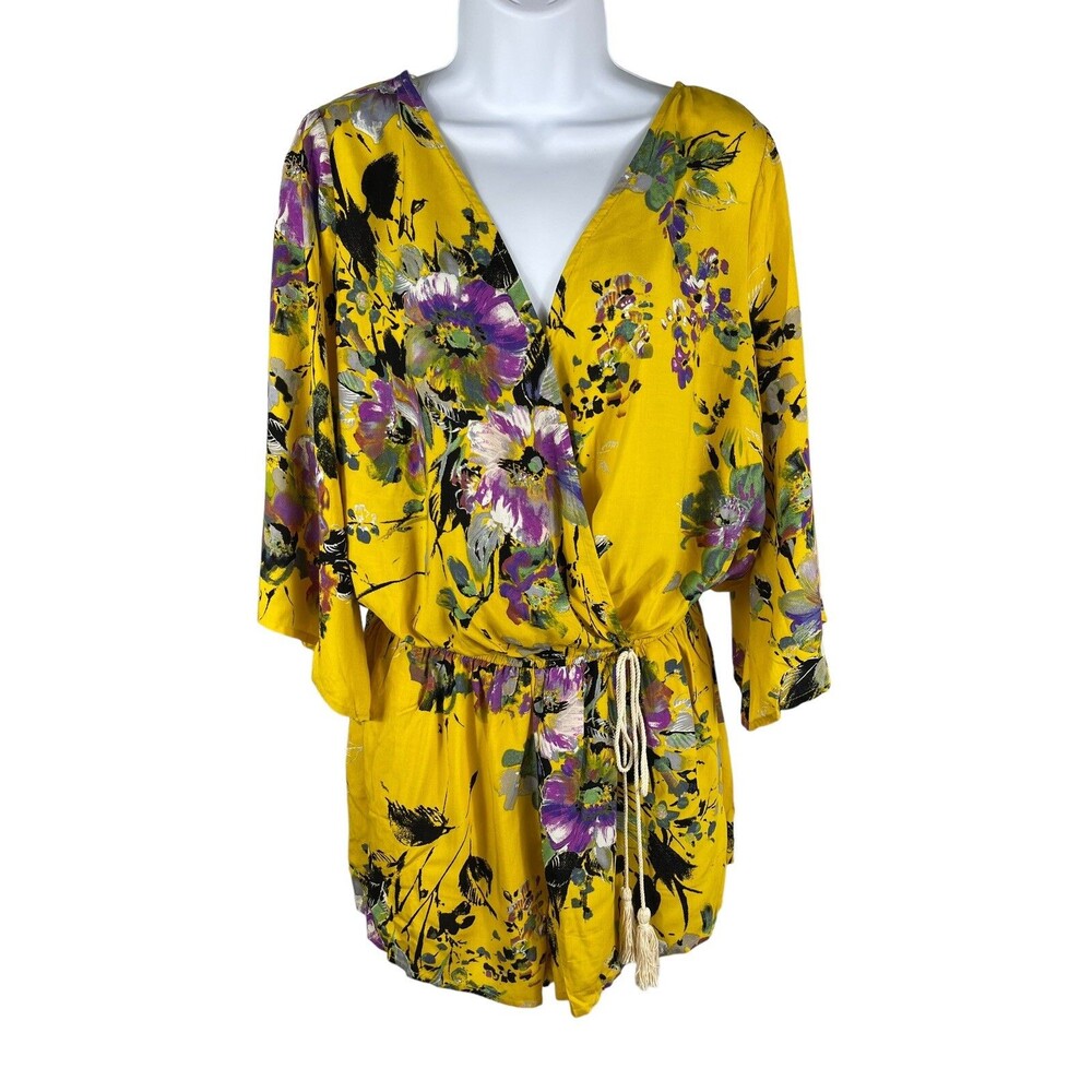 Umgee M Yellow Floral Boho Romper Kimono Sleeve Surplice Drawstring Waist